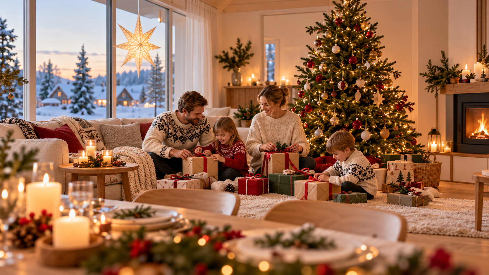 En familie feirer jul i et skandinavisk hjem med pyntet julebord og juletre