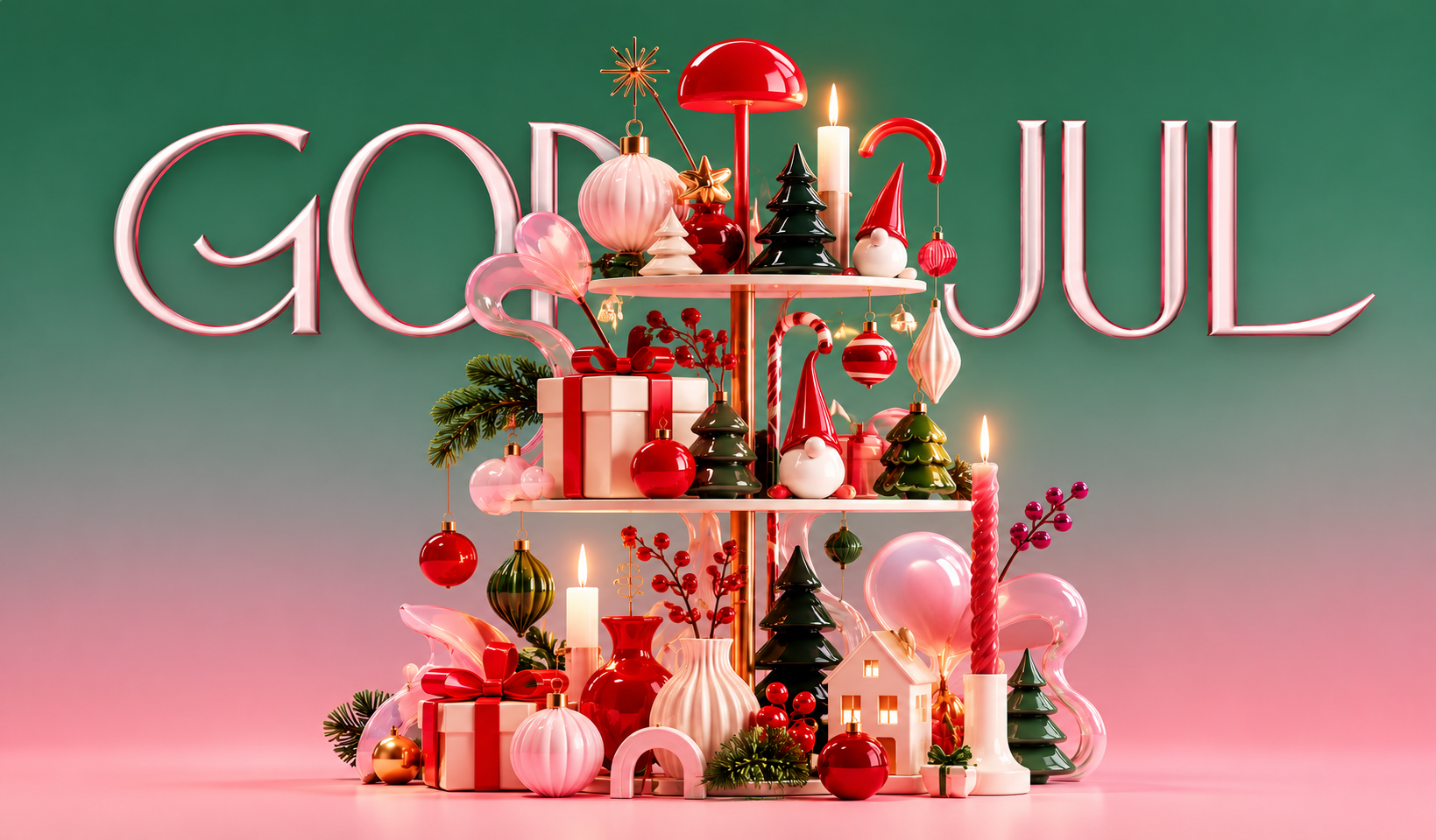 God jul – juledekor i rødt, grønt og rosa