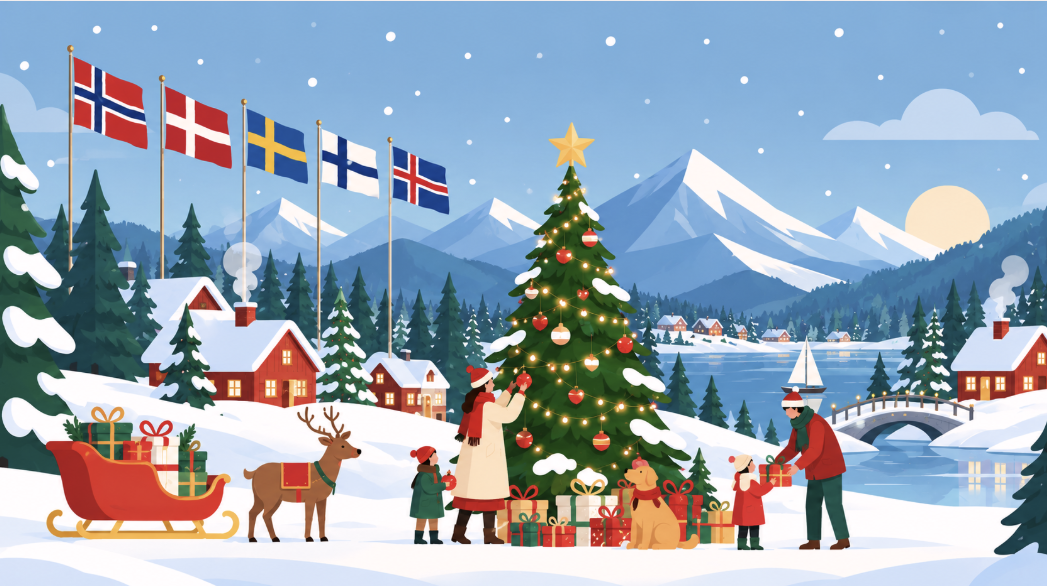 Nordisk julelandsby med juletre, familie, reinsdyr og flagg