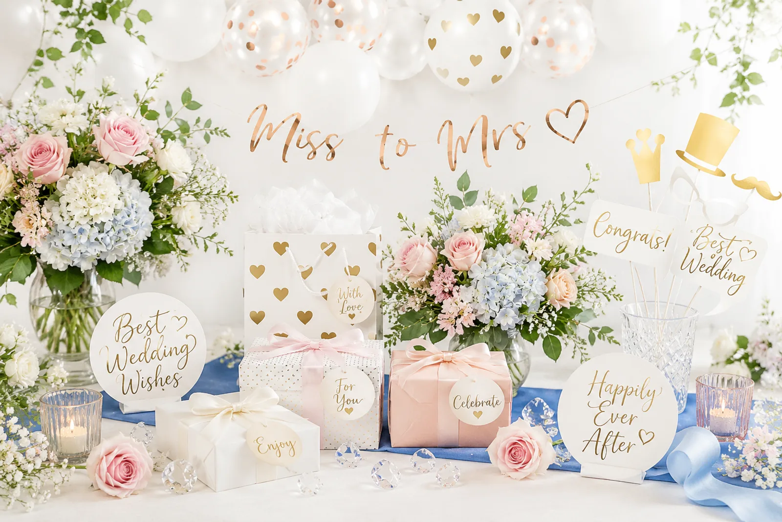 Bryllupsdekor med blomster og ballonger