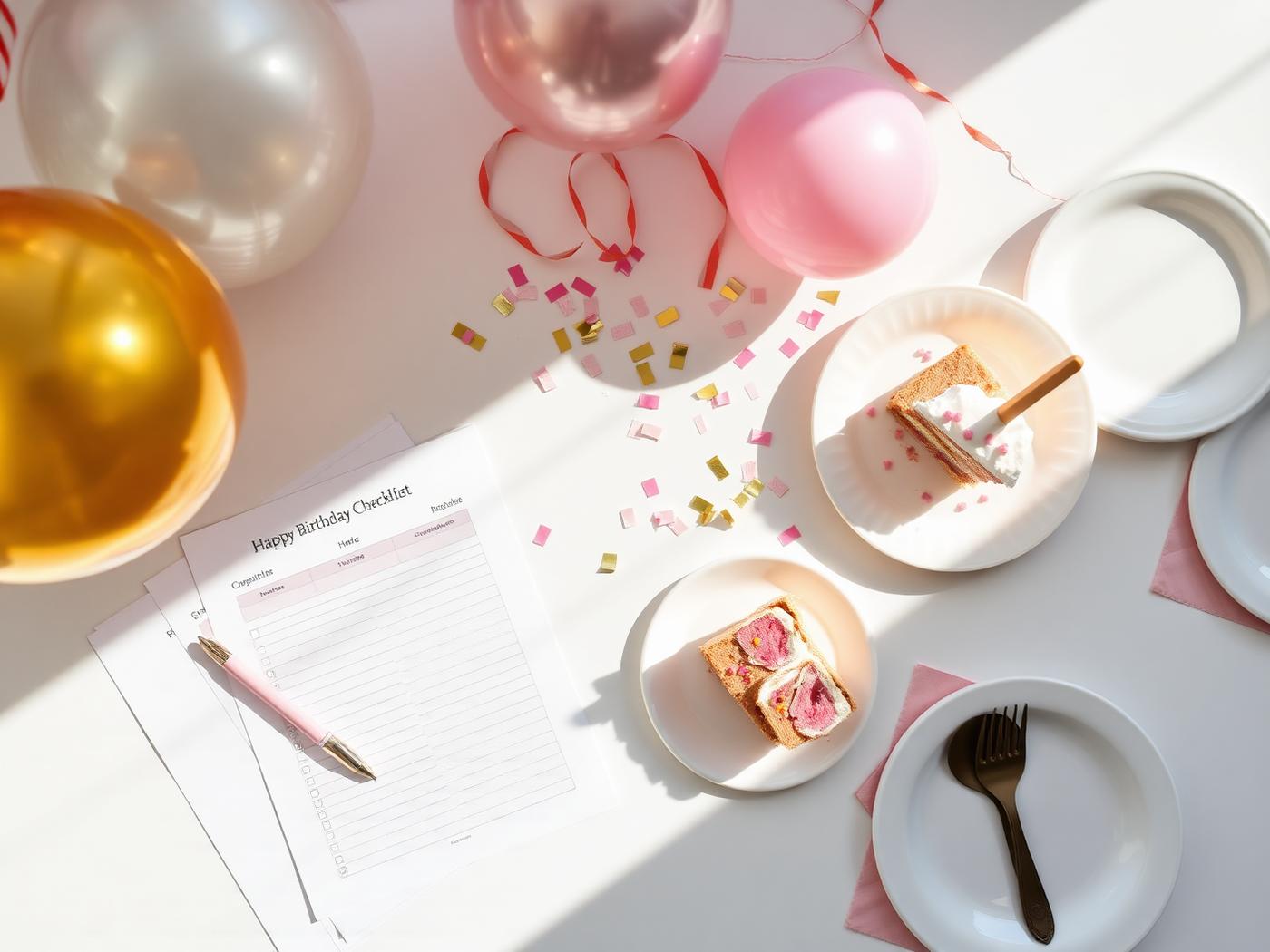 Bursdagsplanlegger i papirform med sjekkliste, penn, ballonger og kake på et lyst bord