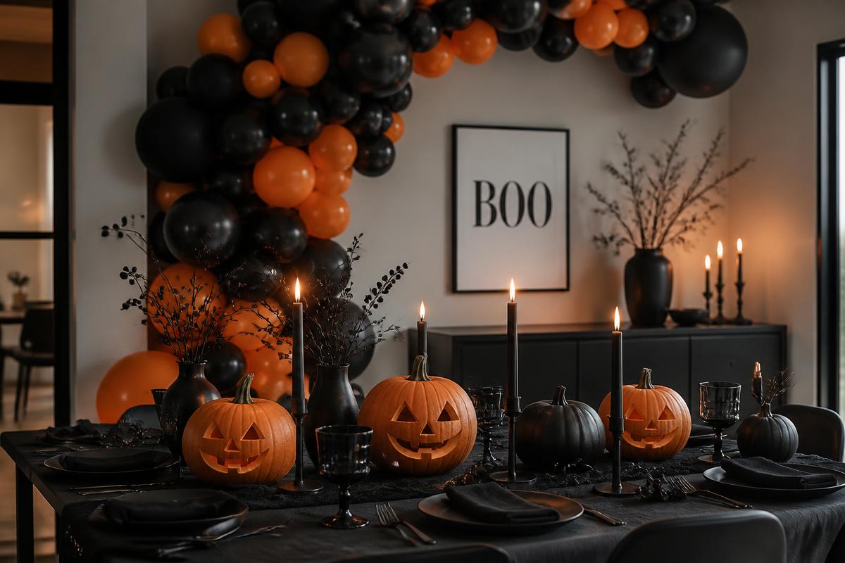 Halloween-borddekking med svart og oransje ballongbue, gresskar og sorte lys